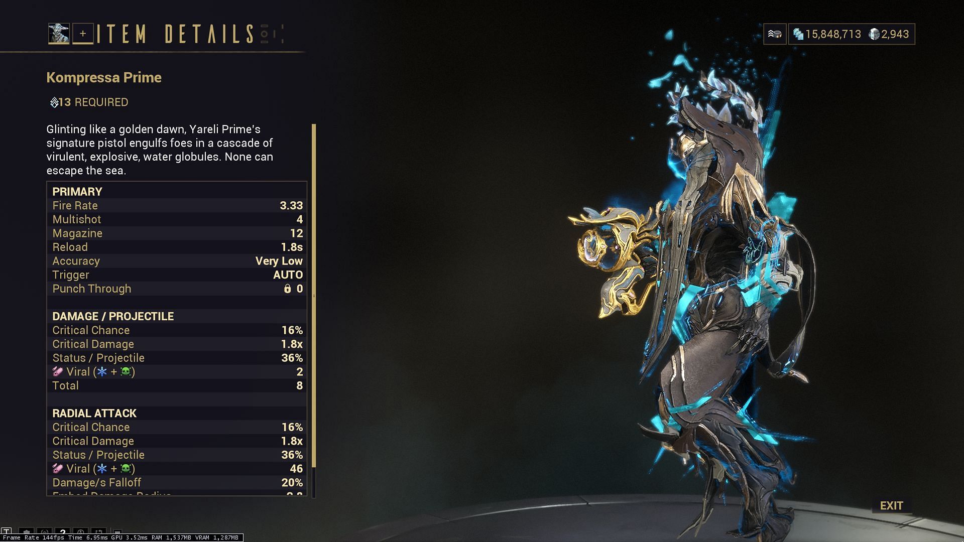 I haven't farmed Yareli Prime, so I couldn't showcase her holding it (Image via Digital Extremes)